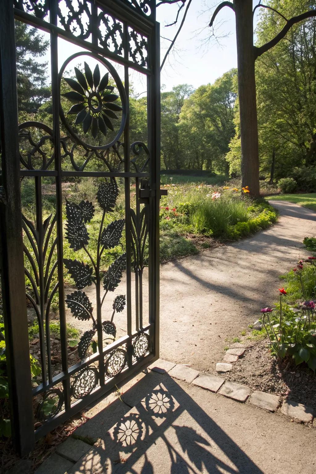 Artistic cutouts in gates create dynamic visual effects with light and shadow.