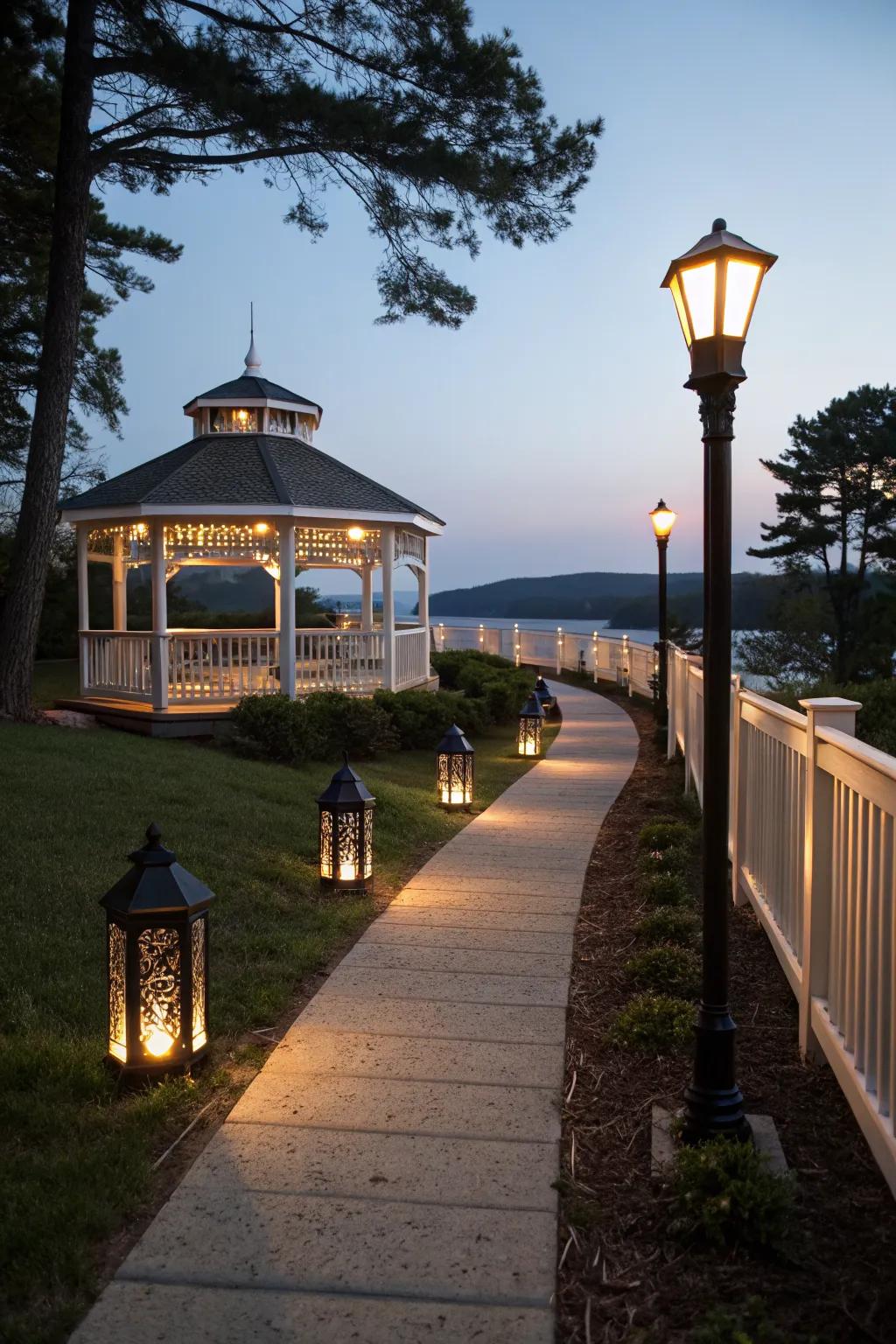 Fence lights connect the gazebo with the garden, enhancing the overall ambiance.