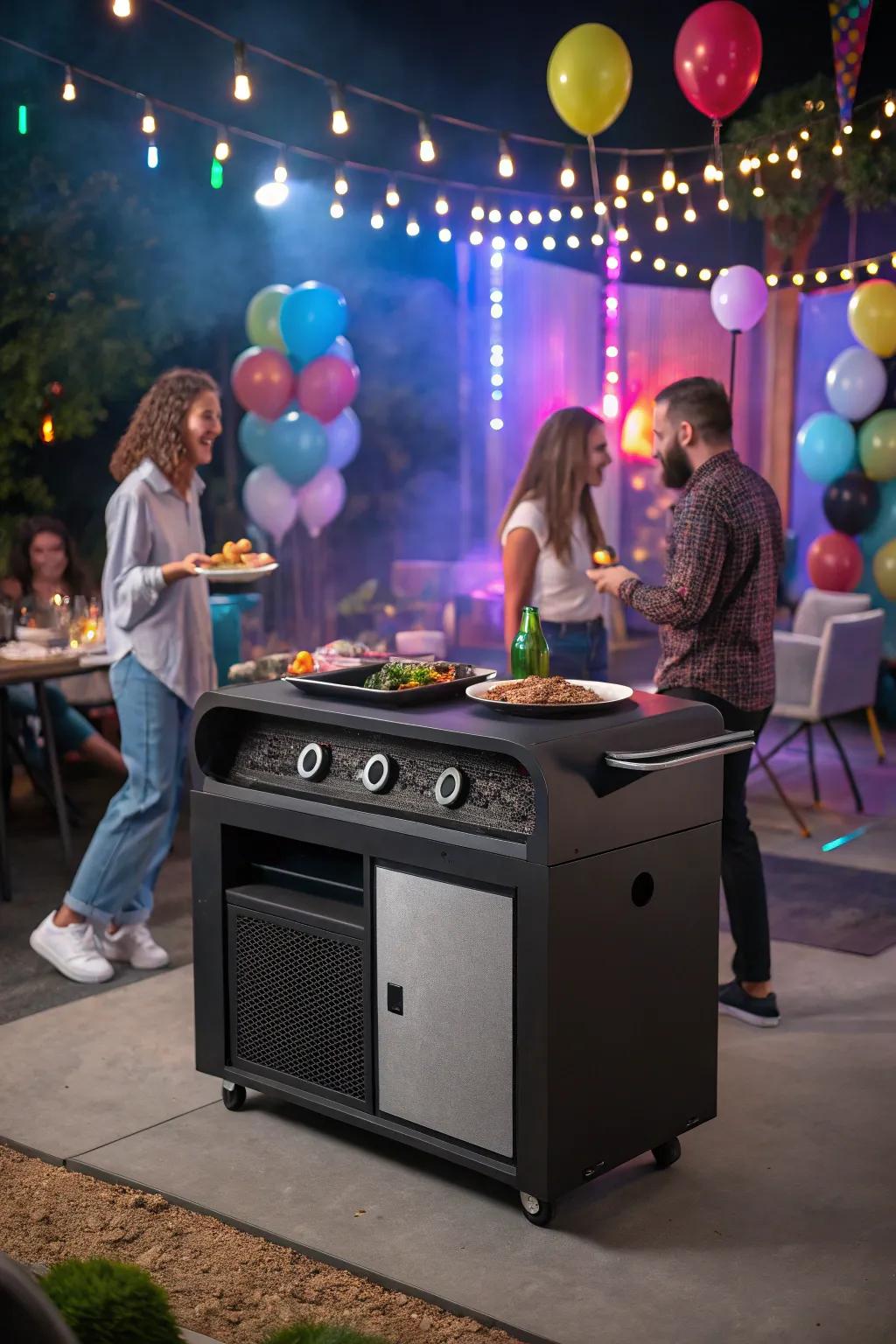 Turn up the fun with a grill table that includes built-in speakers.