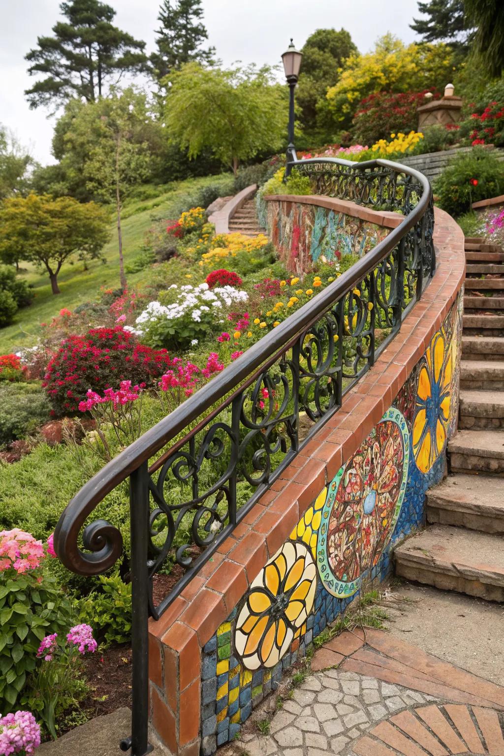Custom mosaics personalize railings with vibrant art.
