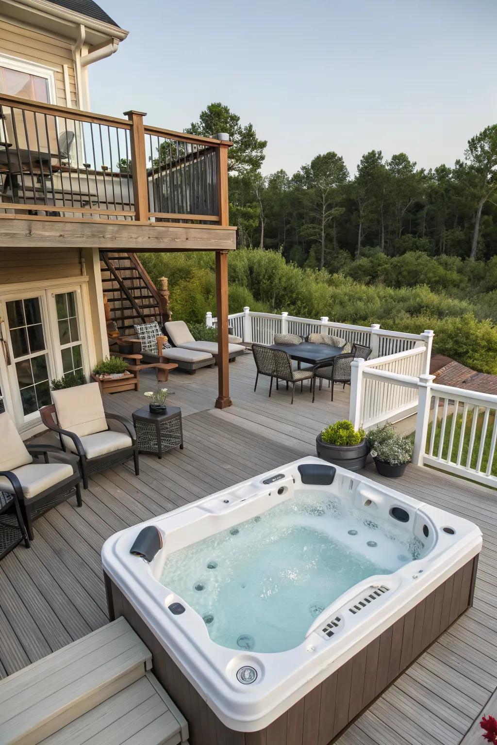 A multi-level deck offers dynamic spaces around your hot tub.