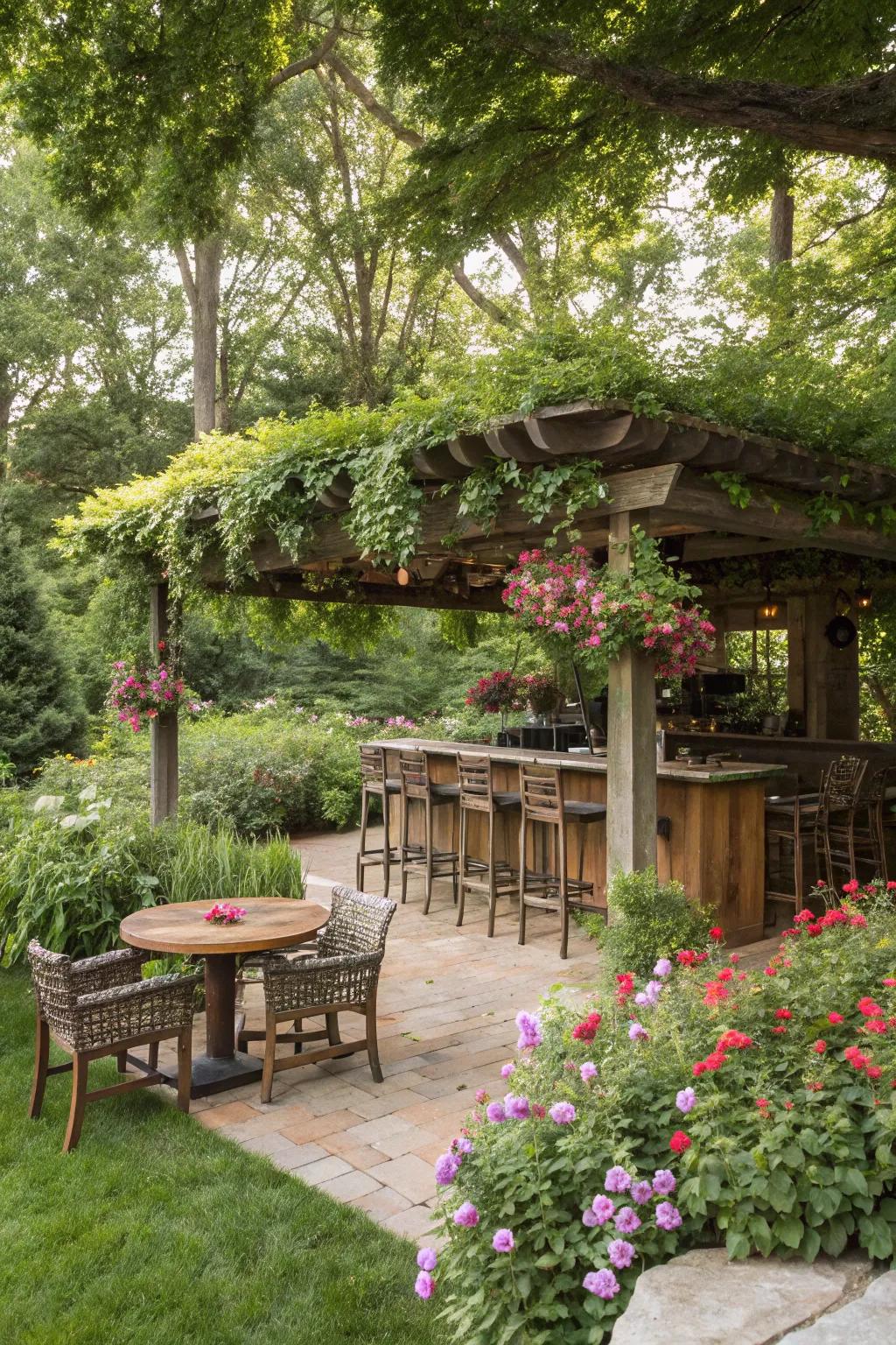 Outdoor island bar with a charming pergola.