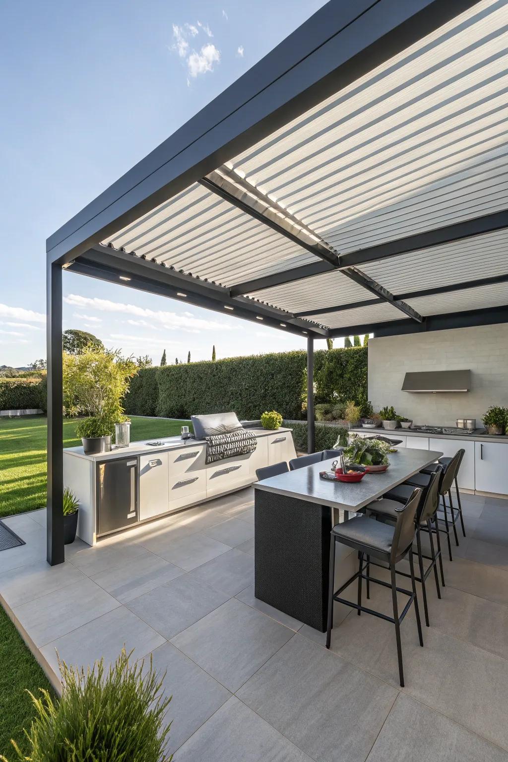 Adapt to any time of day with a pergola and sliding panels.