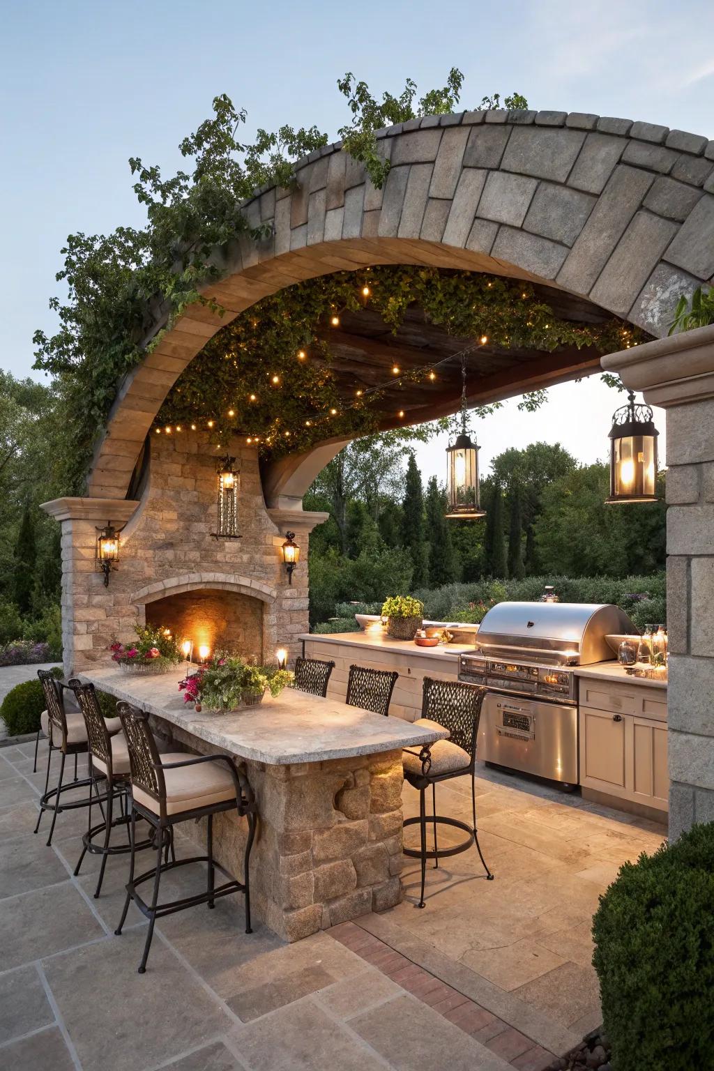 A stone archway canopy adds grandeur and drama to this outdoor kitchen.