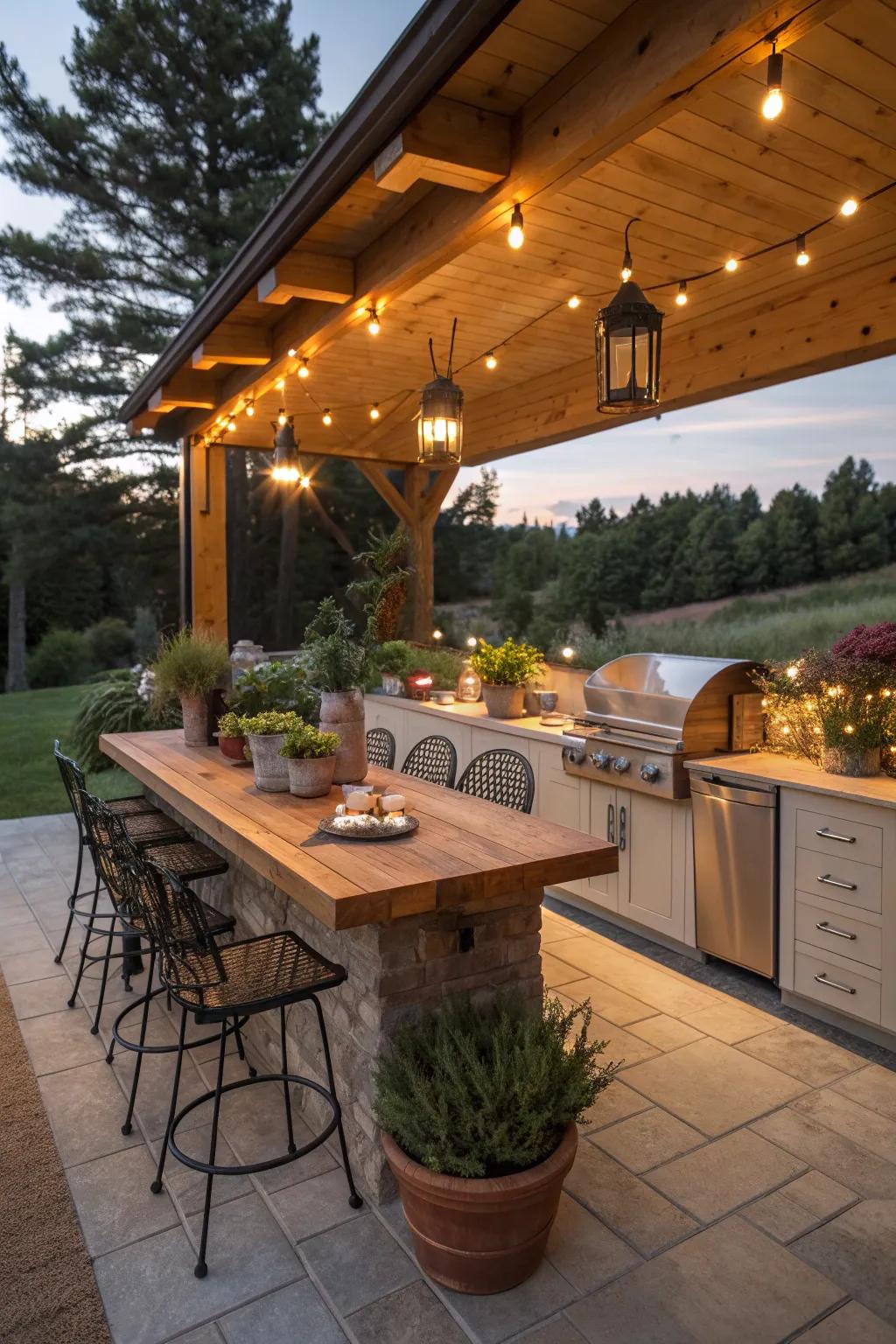 Knotty pine countertops offer cozy charm.