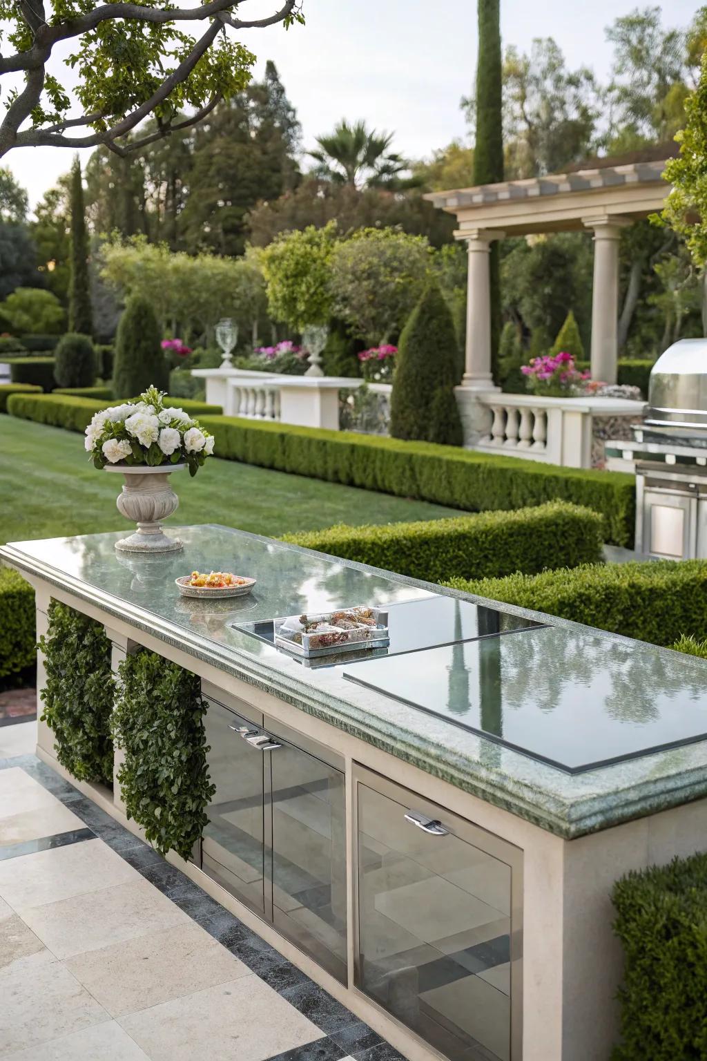 Polished glass: add a touch of glamour to your outdoor kitchen.