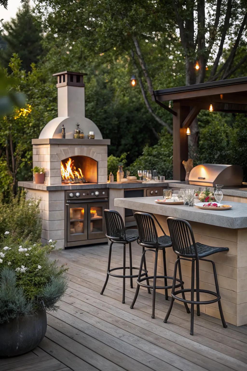 A lively outdoor kitchen featuring a fireplace and built-in bar, perfect for entertaining guests.
