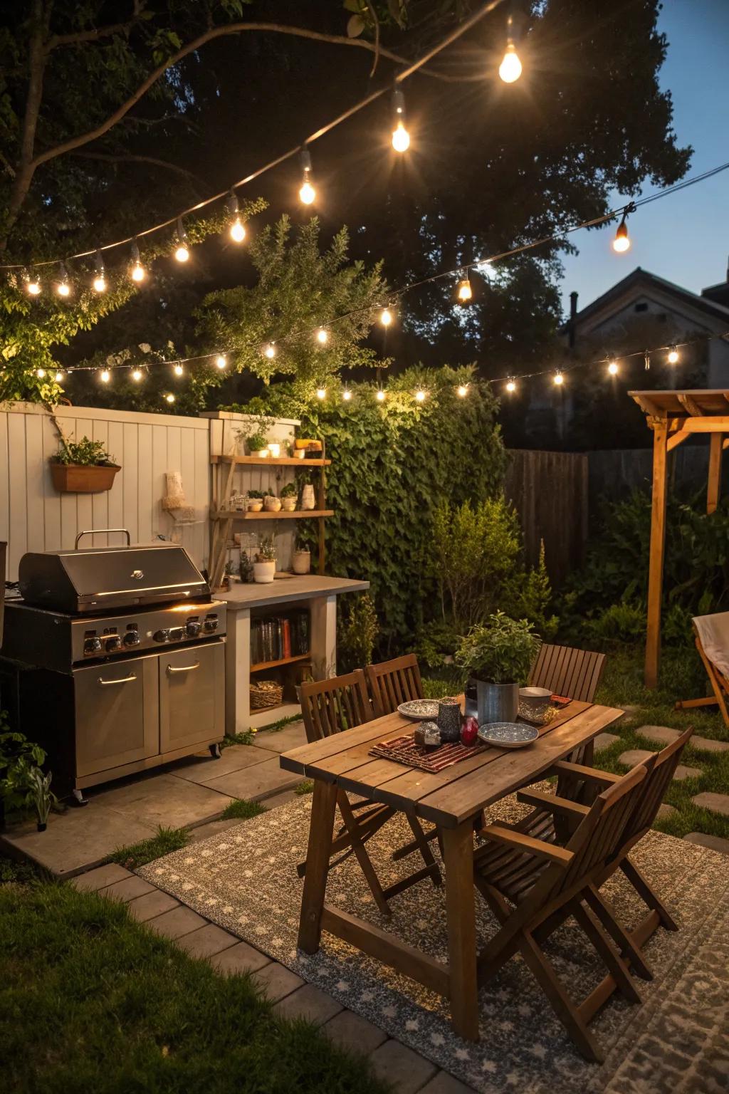 Ambient lighting transforms an outdoor kitchen into a cozy retreat.