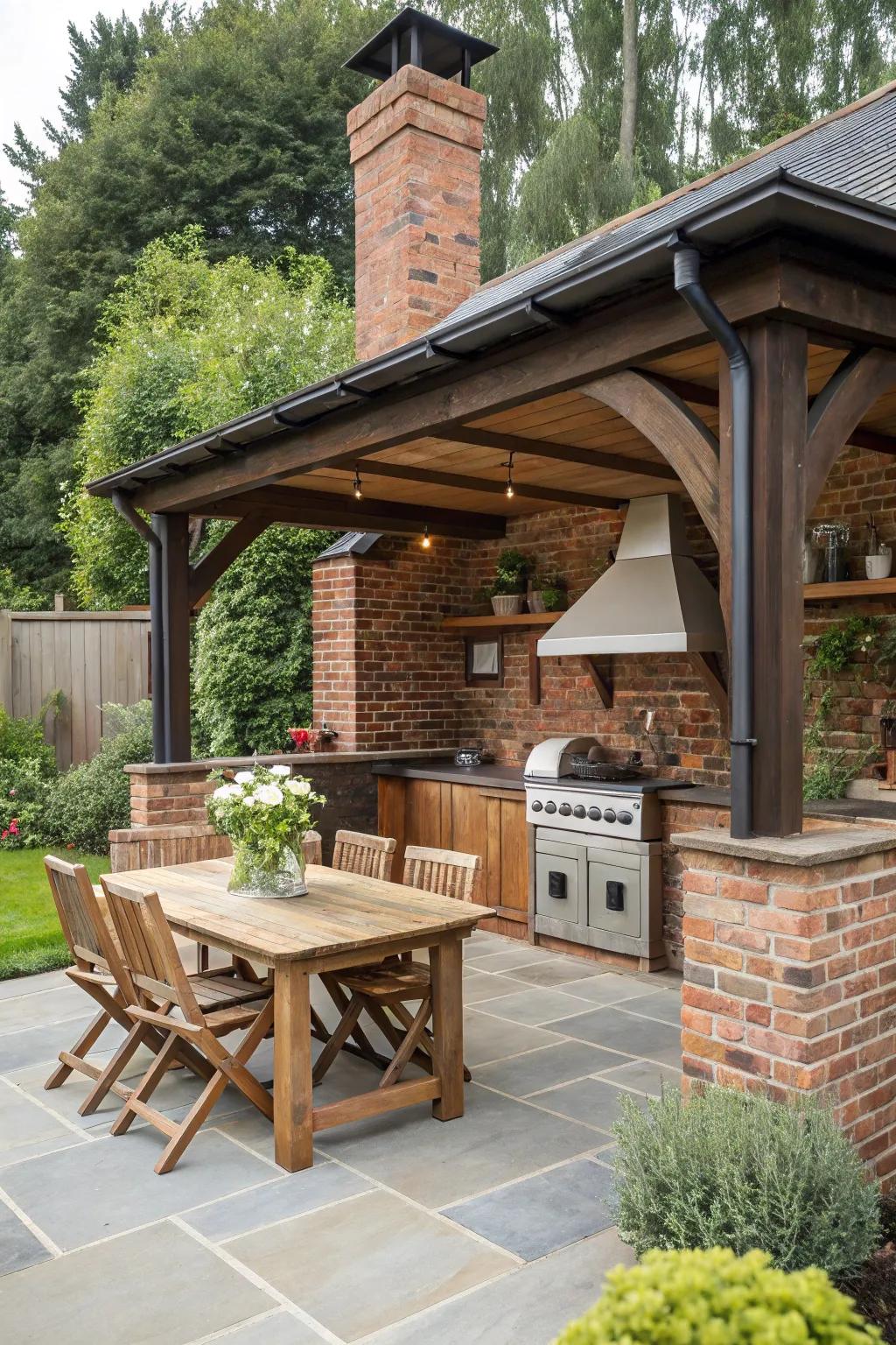 Achieve rustic appeal with brick and timber combinations.