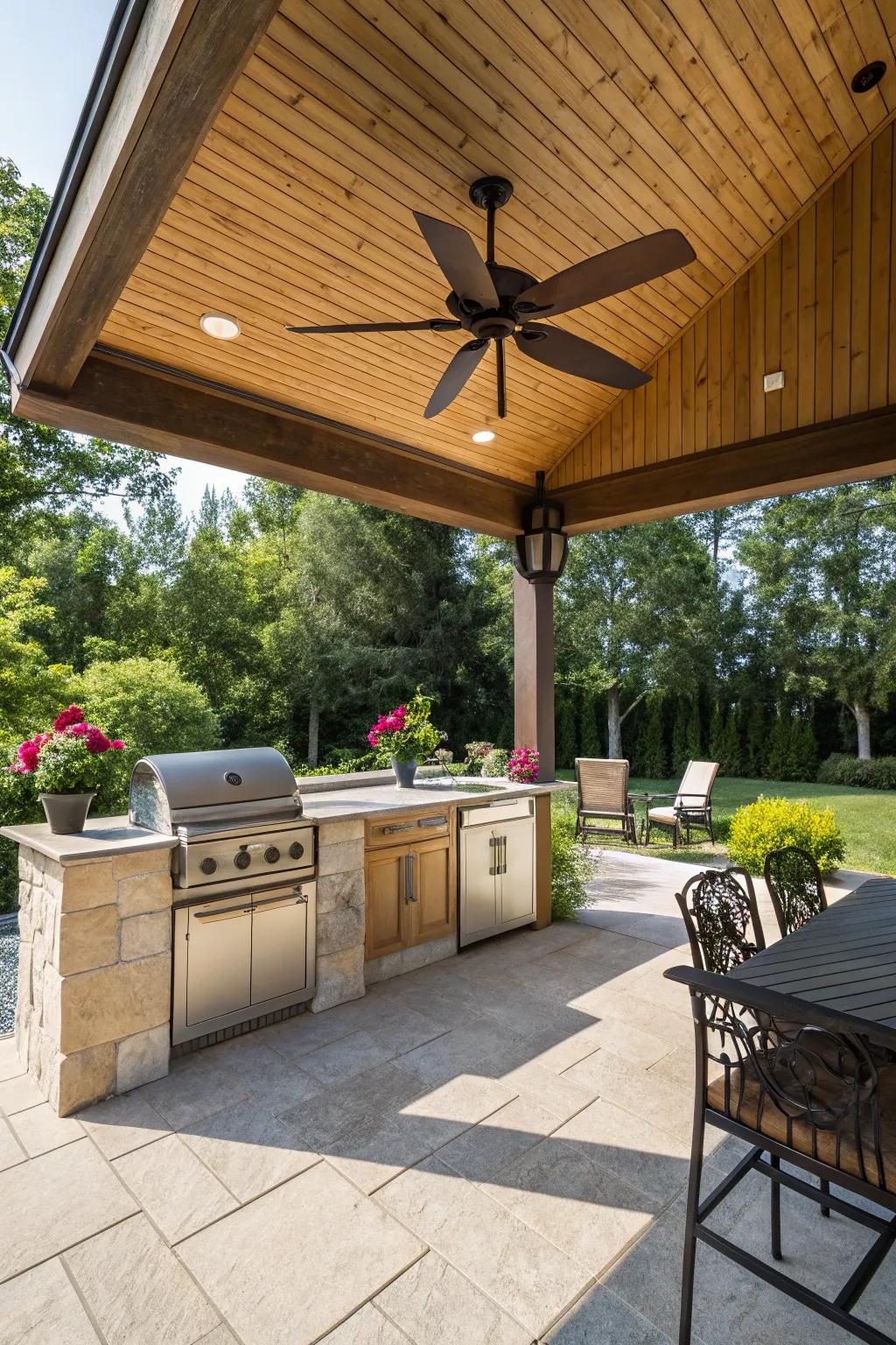 A ceiling fan in a pavilion keeps you cool during warm weather.