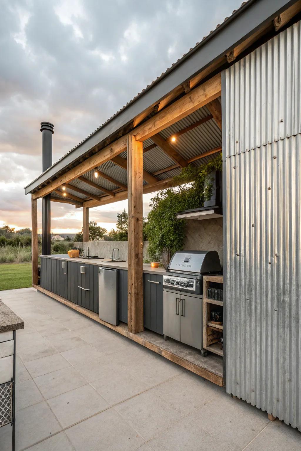 Corrugated metal siding adds an industrial chic vibe to outdoor kitchens.