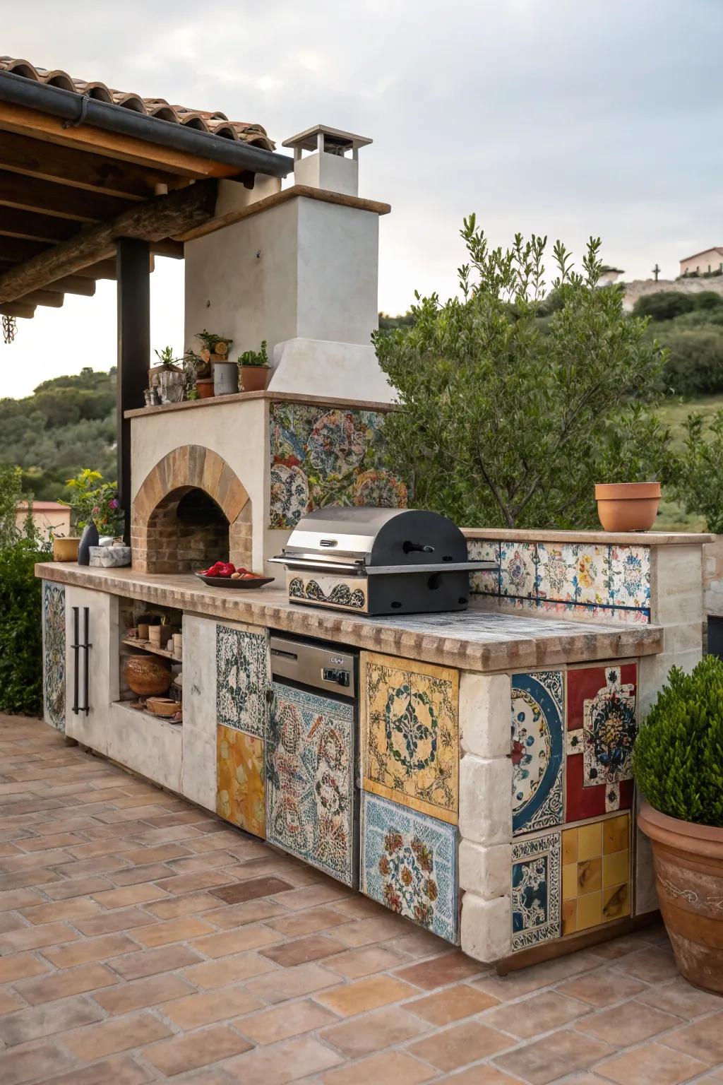 Eclectic mix-and-match tiles showcasing creativity in an outdoor kitchen.