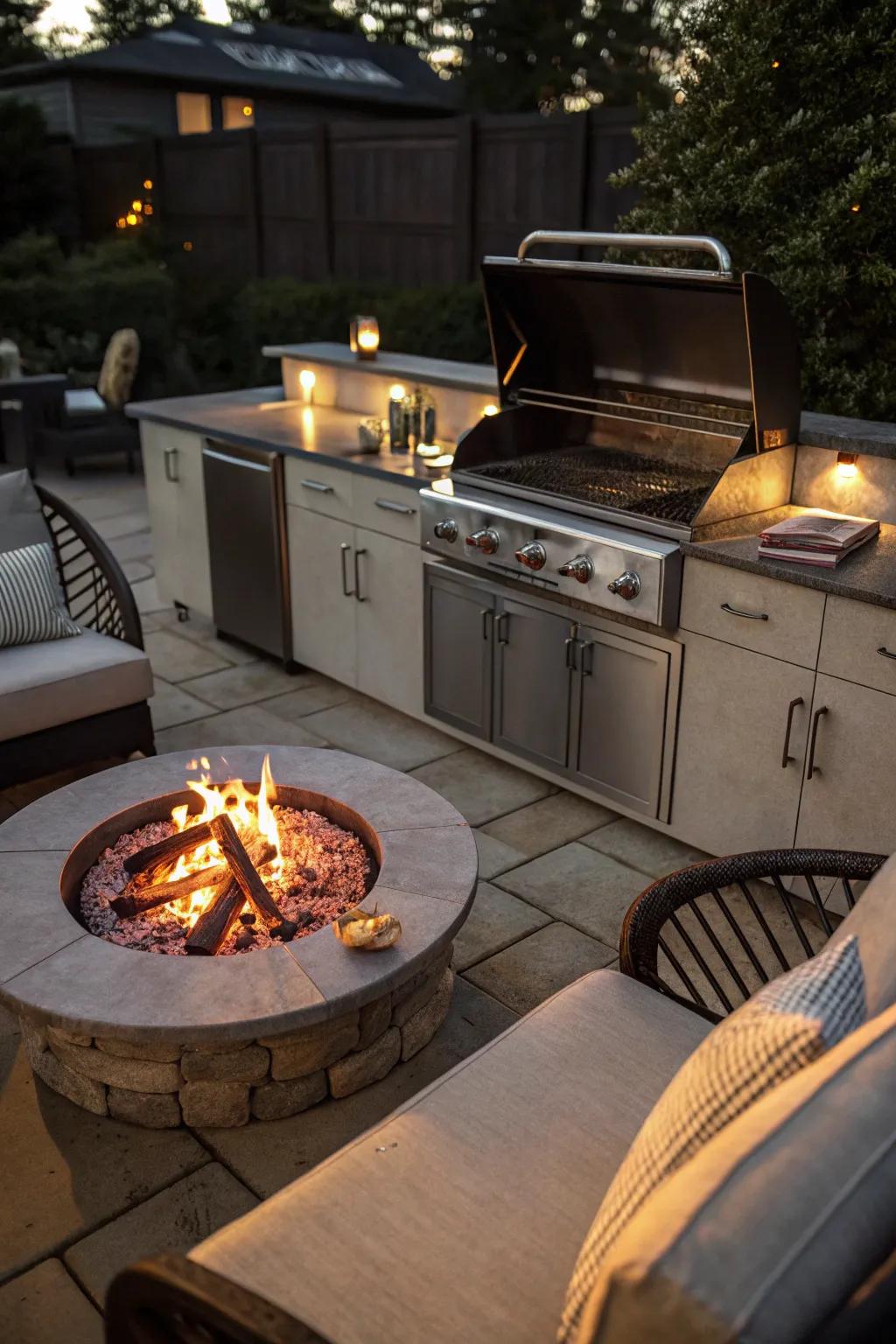 A fire pit and grill combo offers versatile cooking options.