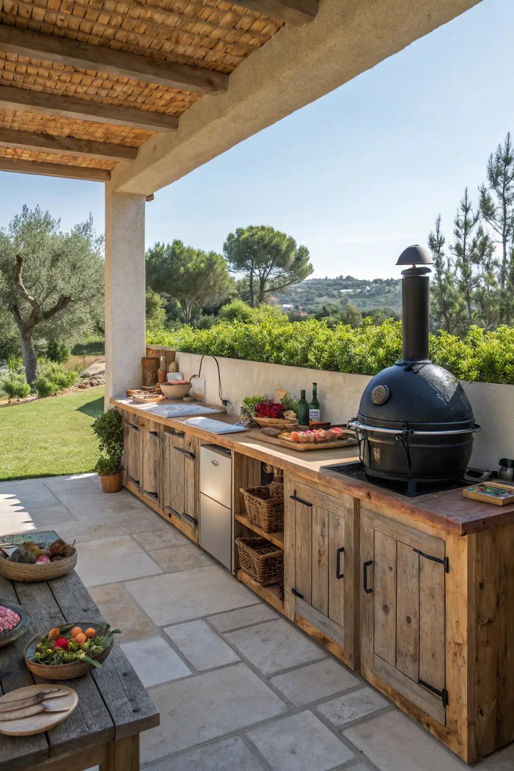 Themed outdoor kitchen with unique décor elements.
