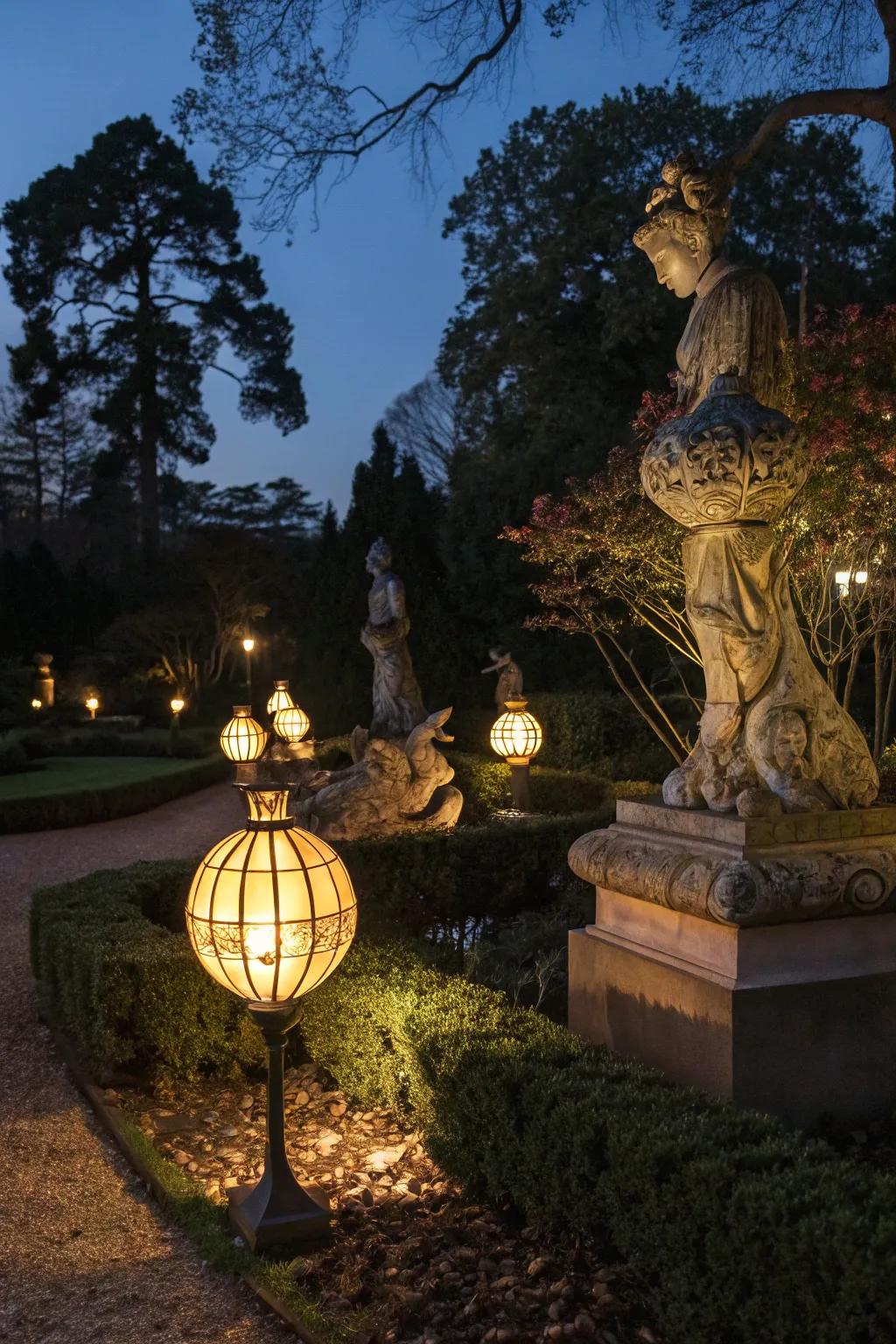 Showcase features with illuminated garden sculptures.