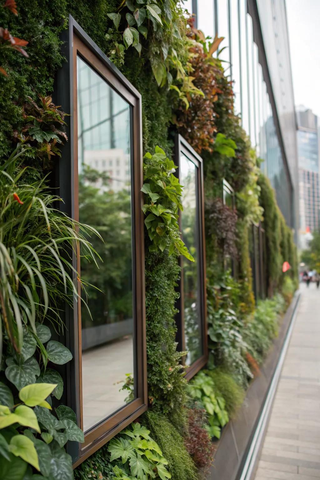 Mirrors enhance the sense of space in a creative living wall.