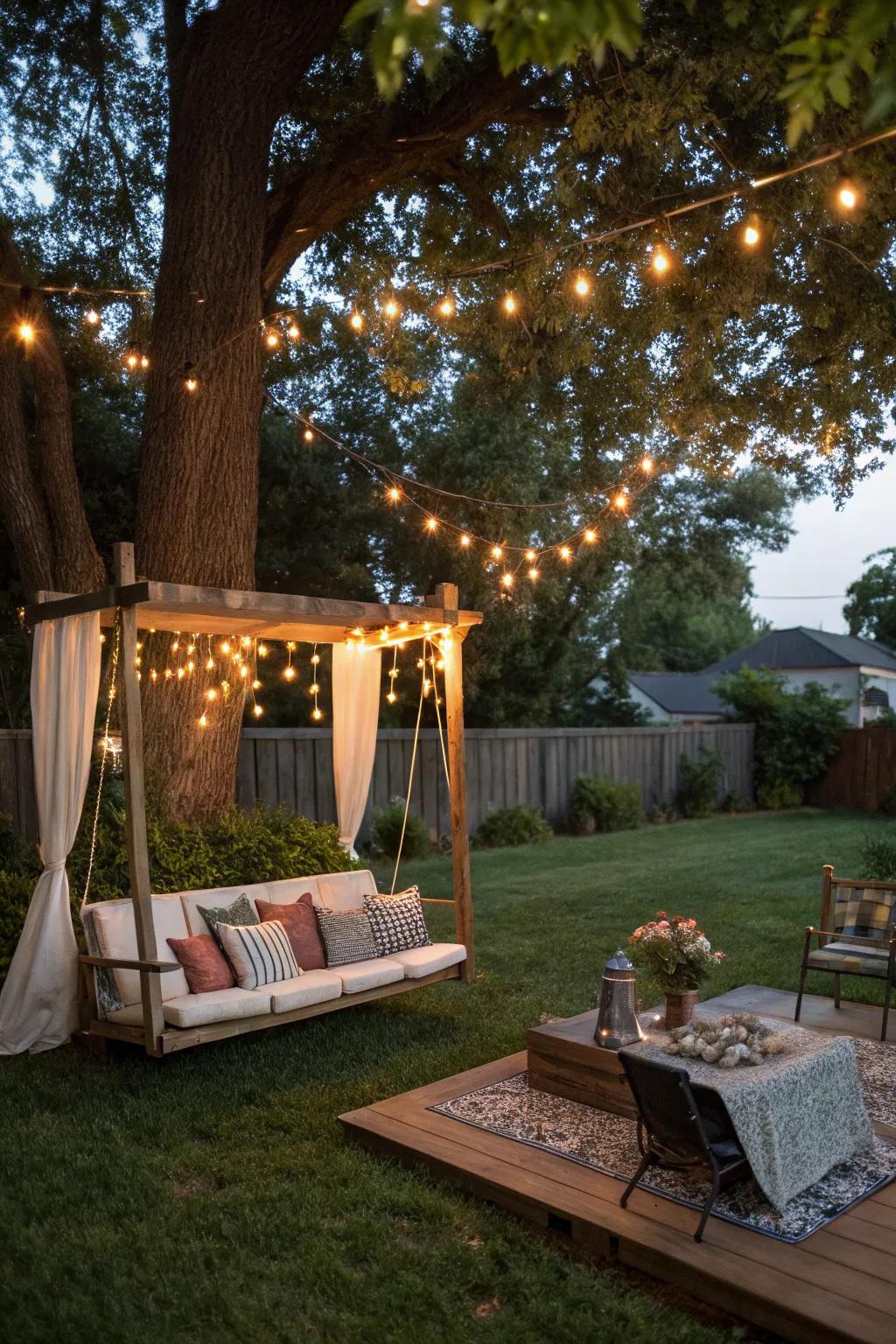 Sway gently with a charming garden swing bench during movie night.