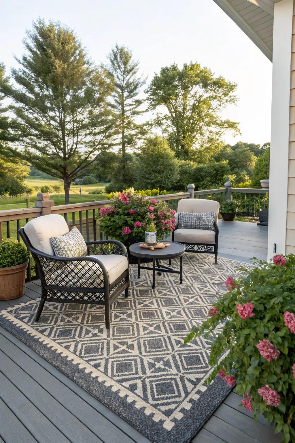 A chic outdoor rug defines and enhances the space.