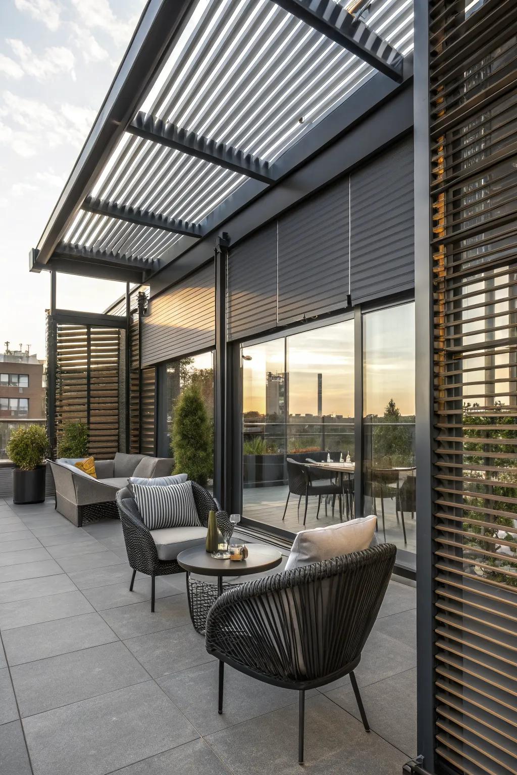 Metal blinds add a sculptural modern edge.