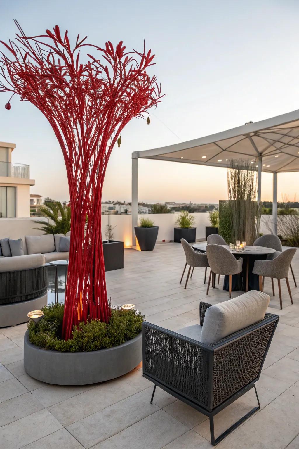 Impress guests with a bold red art installation on your patio.