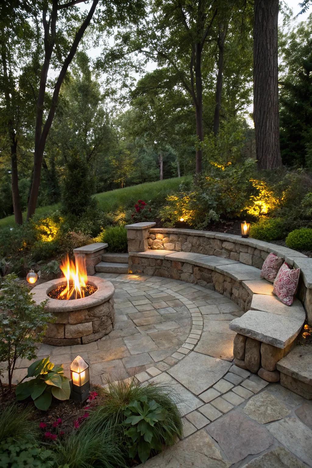 Cozy cohesion: a fireplace with built-in seating.