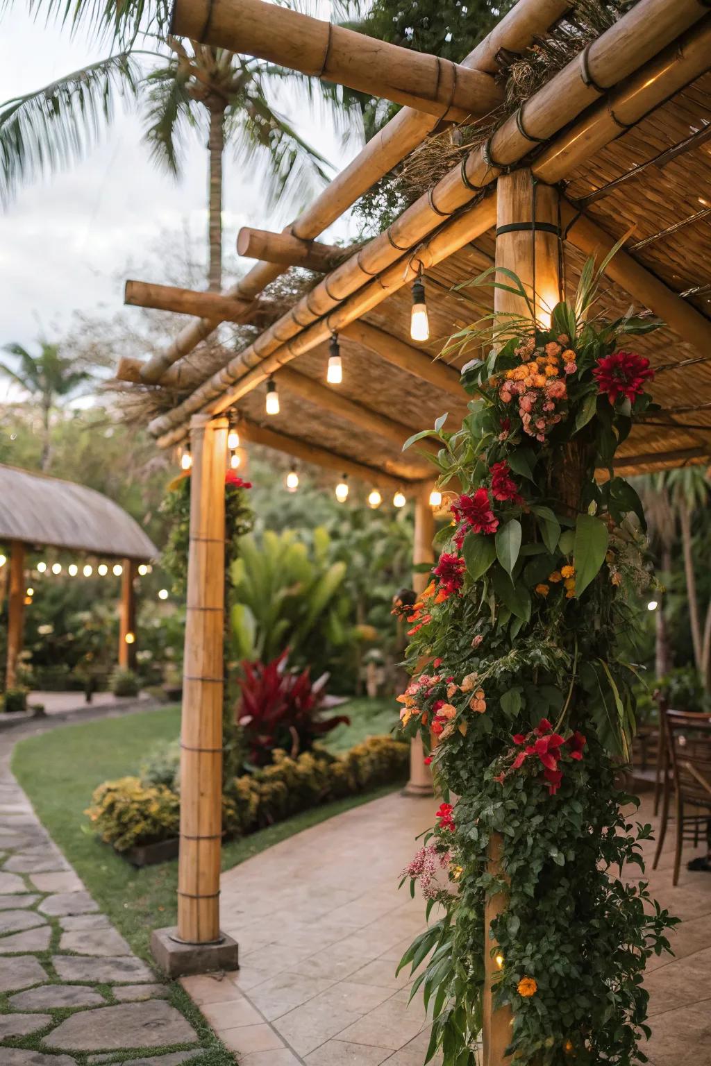 Create a tropical escape with bamboo and lush greenery.