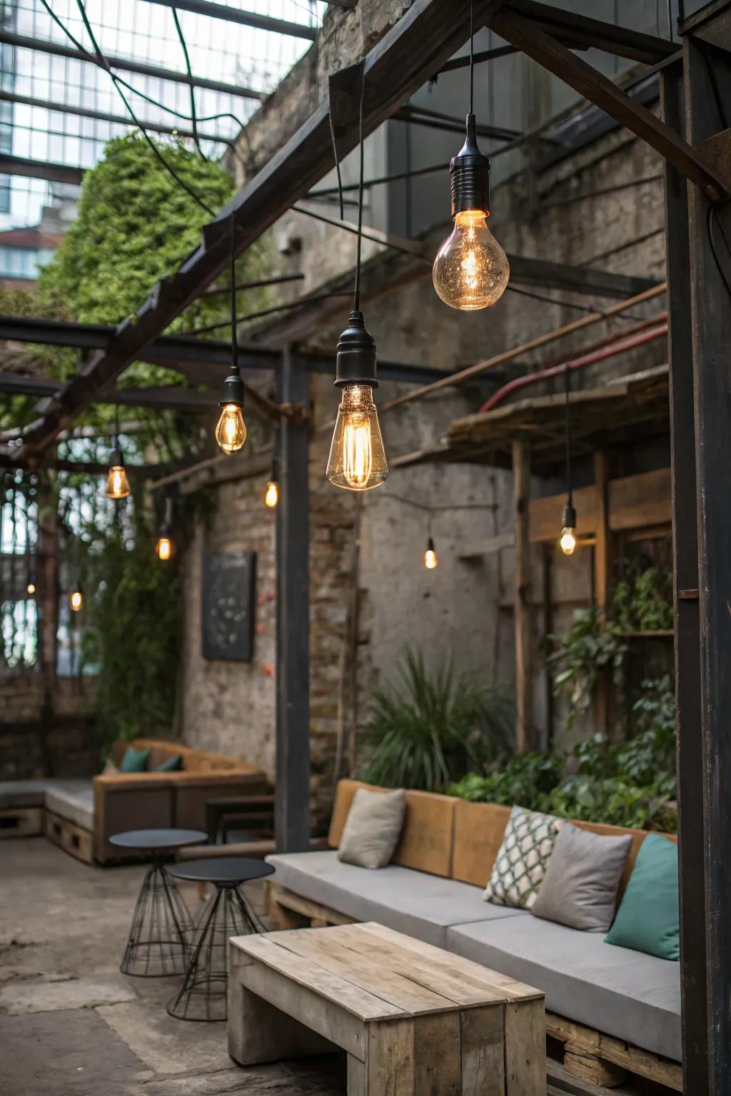 Blend styles with exposed bulb pendants.