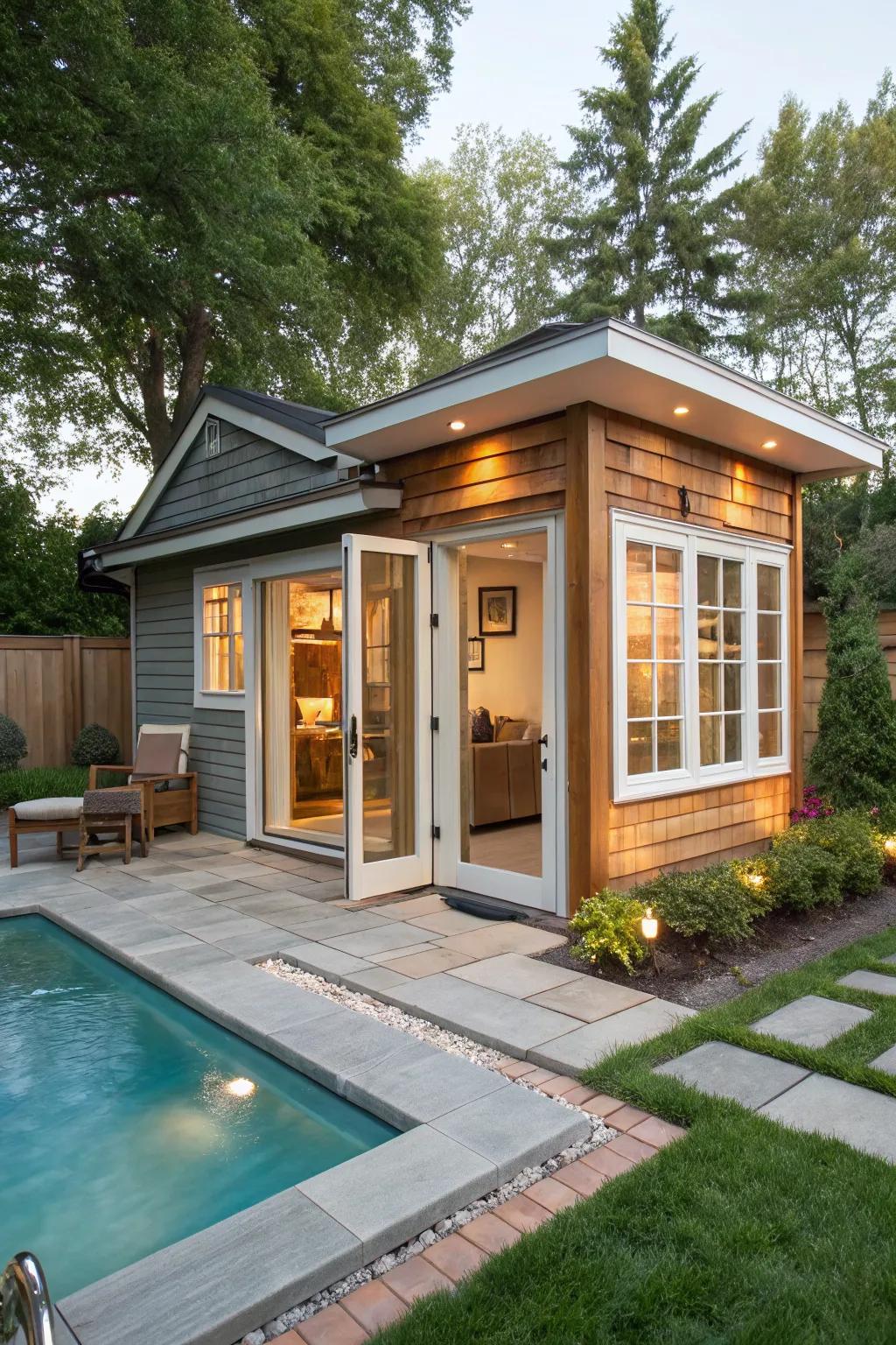 A compact pool house designed for coziness and efficiency.
