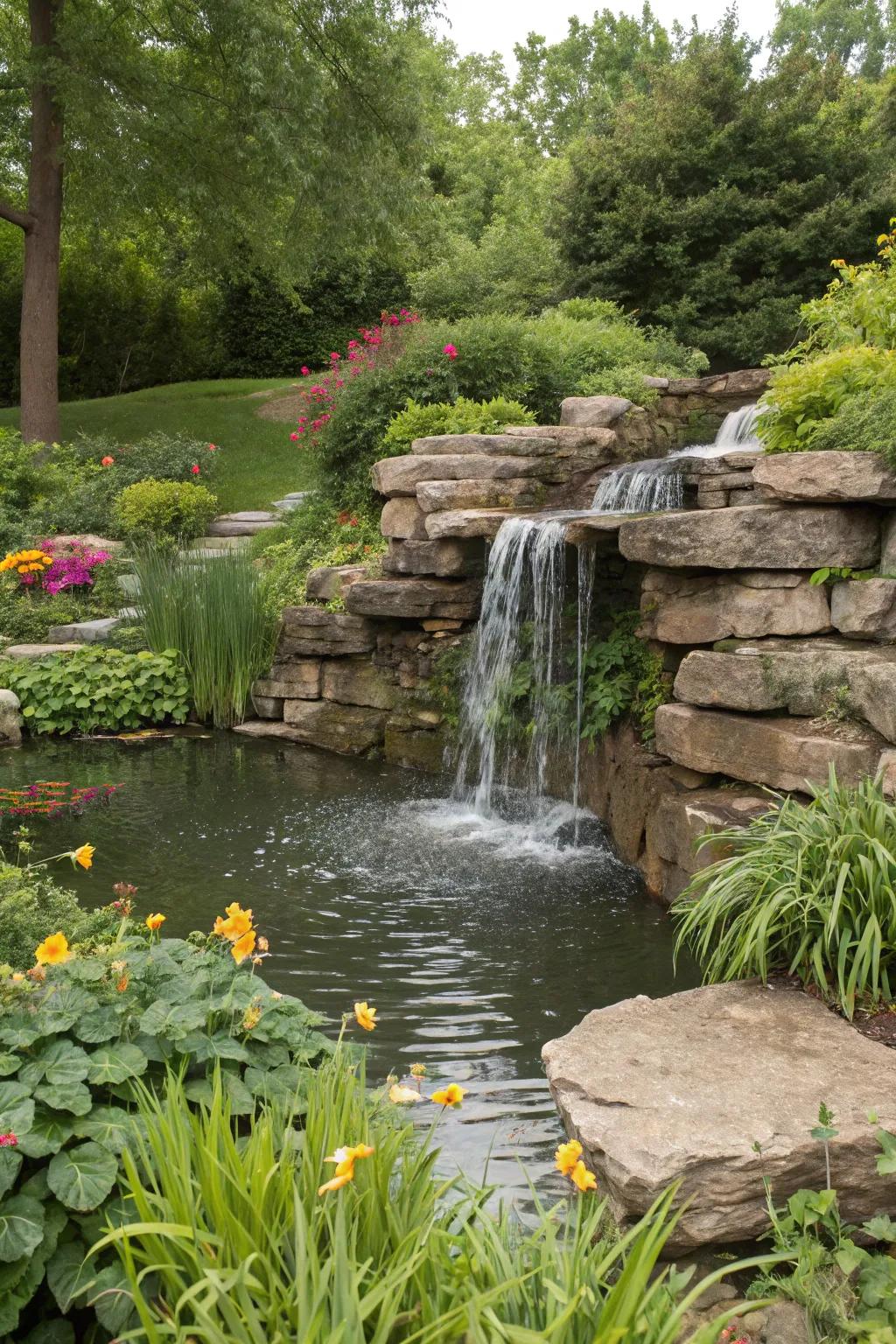 Rock-supported waterfalls offer a stunning garden centerpiece.