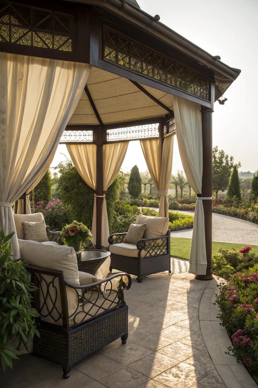 Roller shades that add style and function to a gazebo.