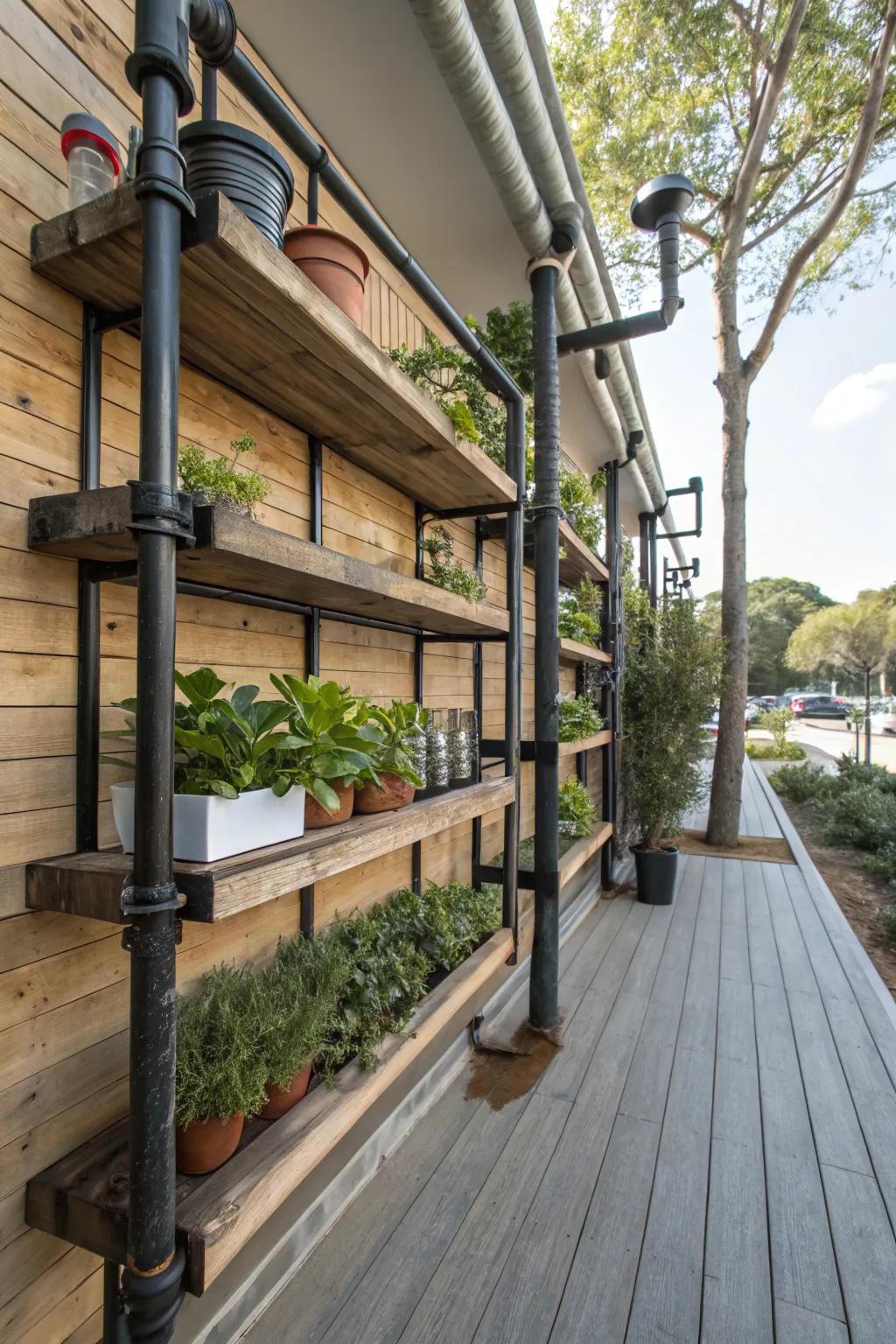 Industrial pipe shelves provide a modern and edgy look for urban garden spaces.