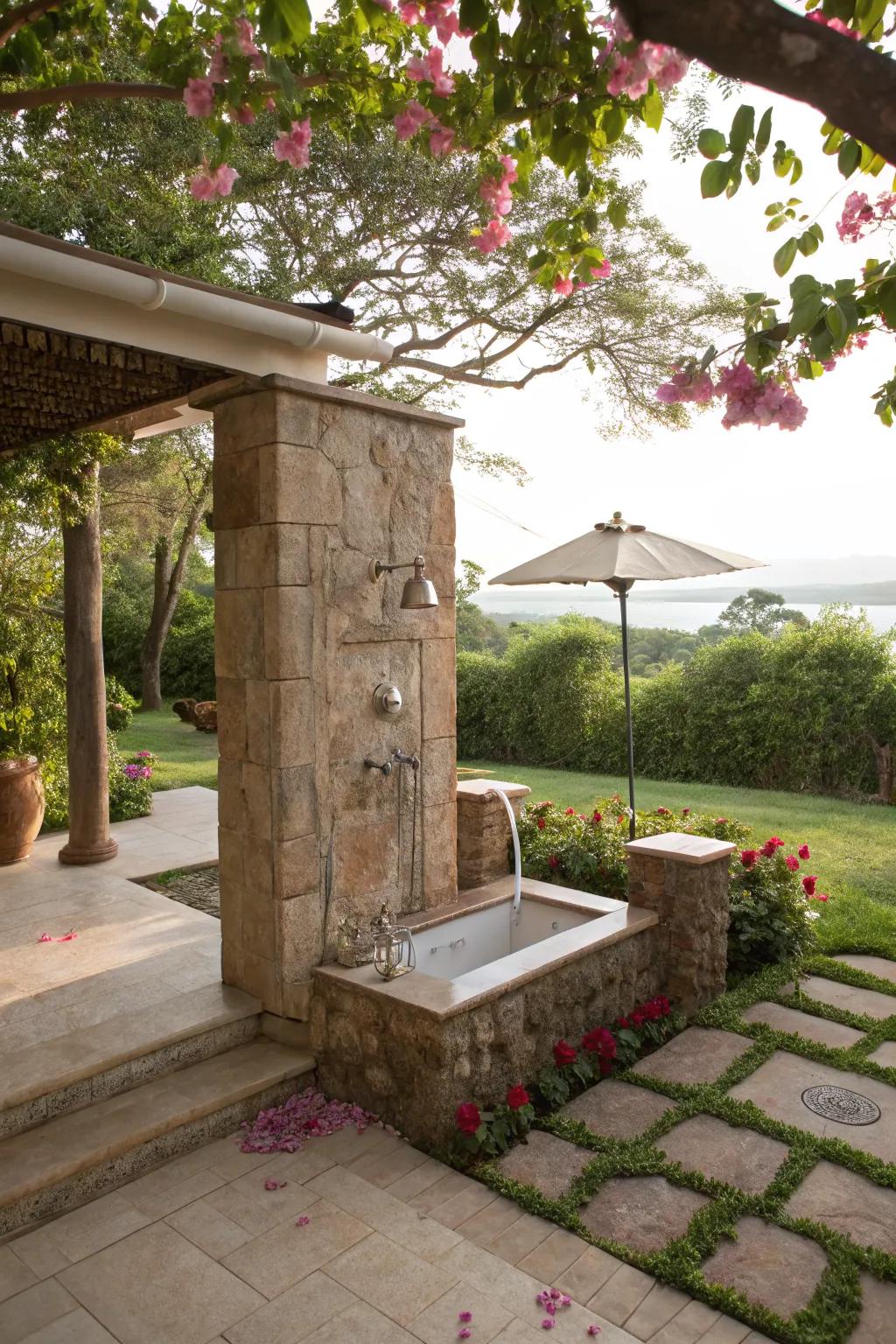 A luxurious outdoor shower with a natural stone surround, offering a spa-like experience.