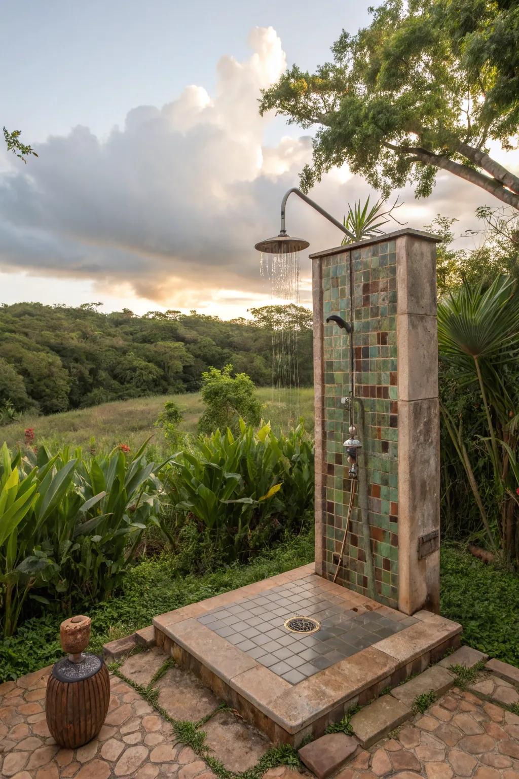 An eco-conscious outdoor shower featuring recycled tiles.