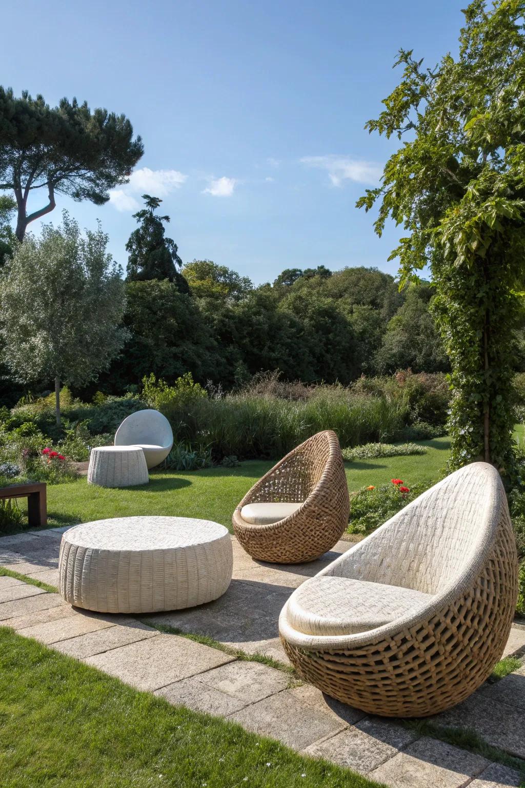 Artistic sculptural seating adds character and intrigue to an outdoor area.