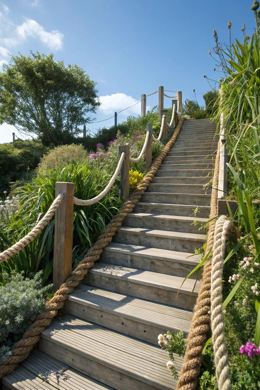 Rope detailing adds a nautical touch to outdoor stair risers.