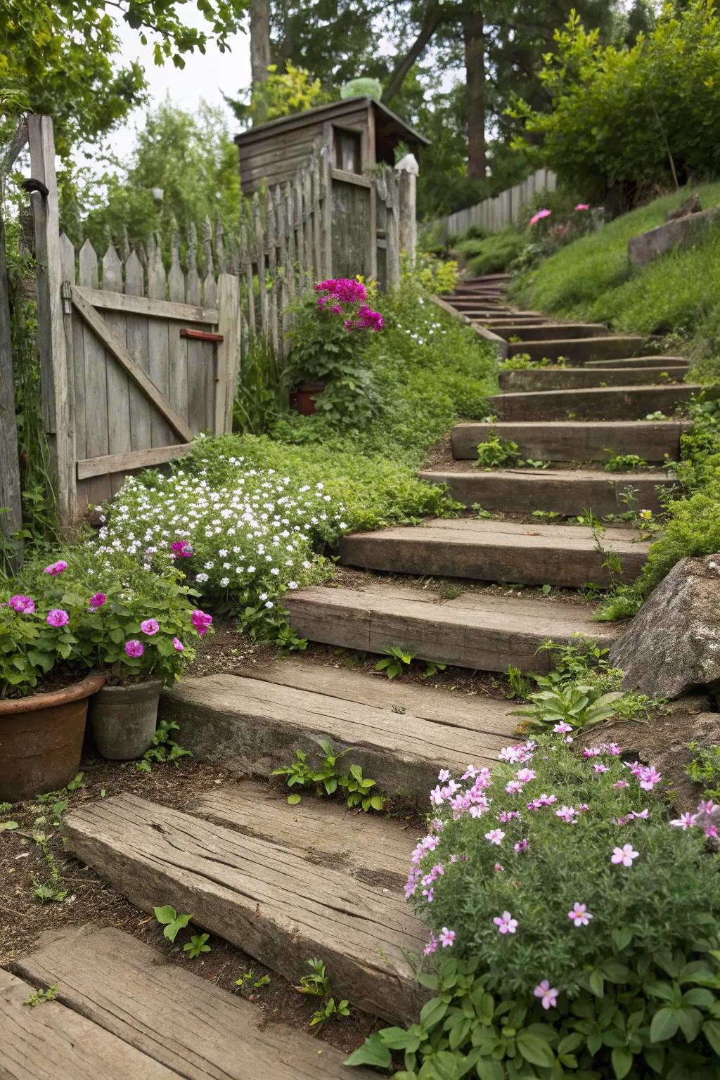 Railroad tie steps adding a rustic charm to your garden pathway.