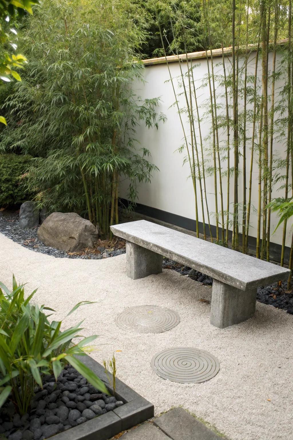 A meditative Zen corner with a minimalist stone bench.