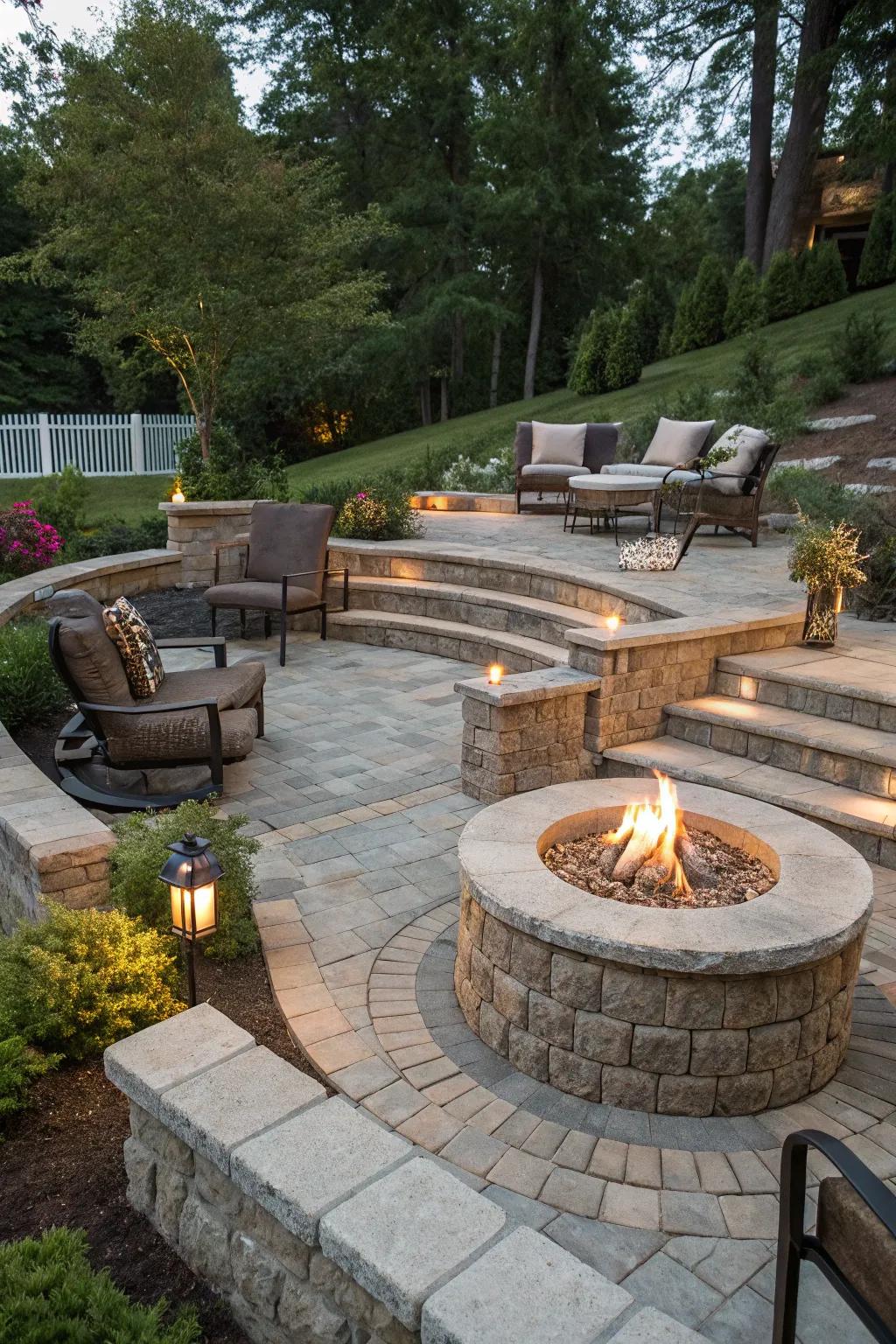 A stone fire pit surrounded by multi-level seating for versatile gatherings.