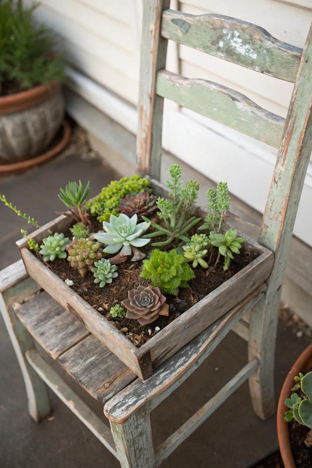 A quirky garden piece using an old chair as a succulent planter.