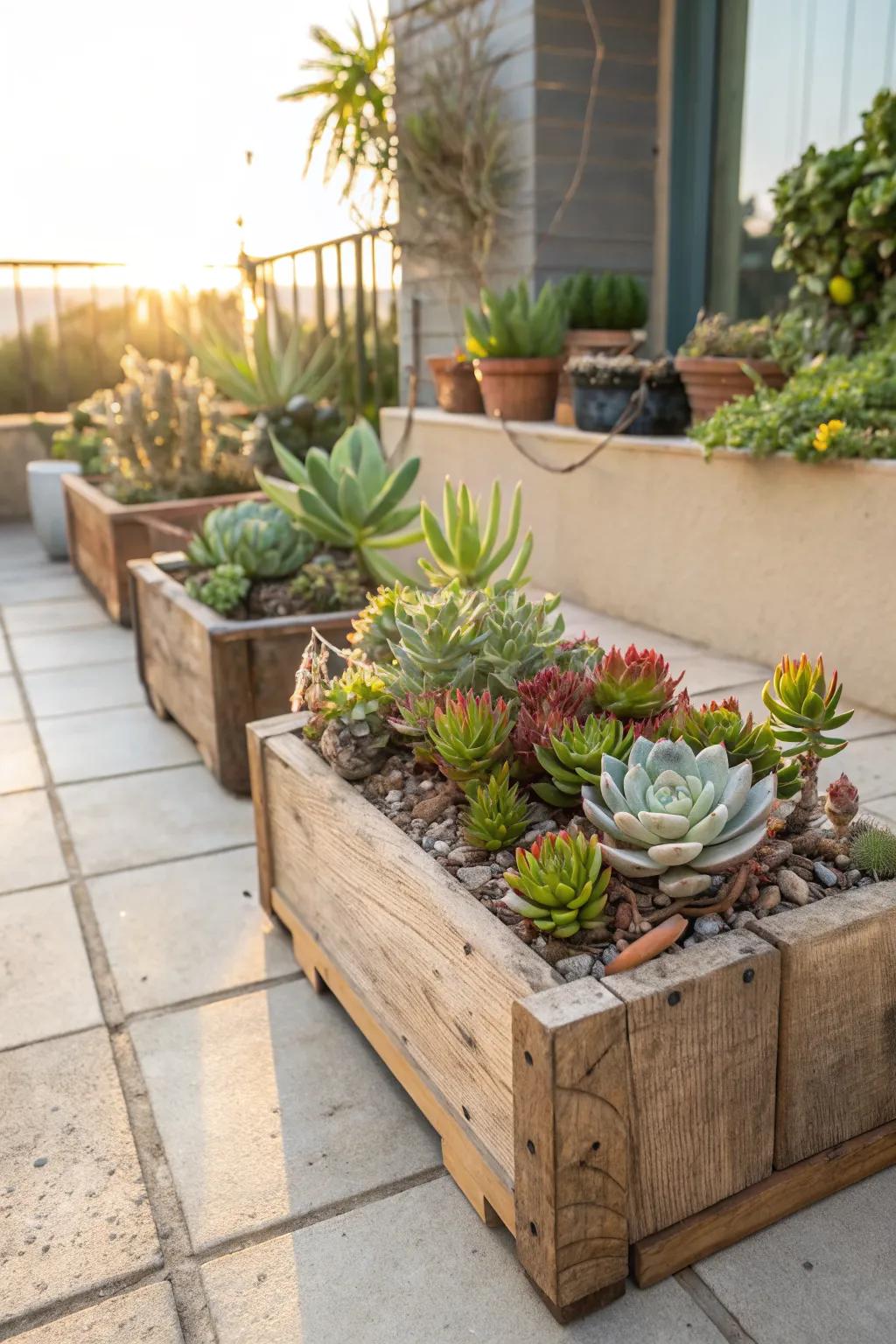 Reclaimed wood boxes provide a rustic and sustainable home for succulents.