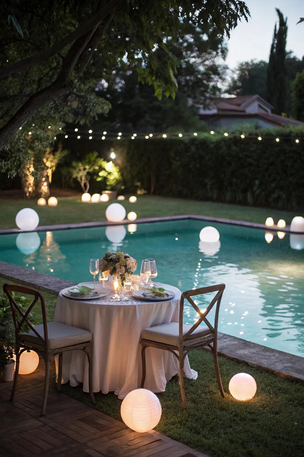 Floating pool lights enhance the ambiance of poolside dining.