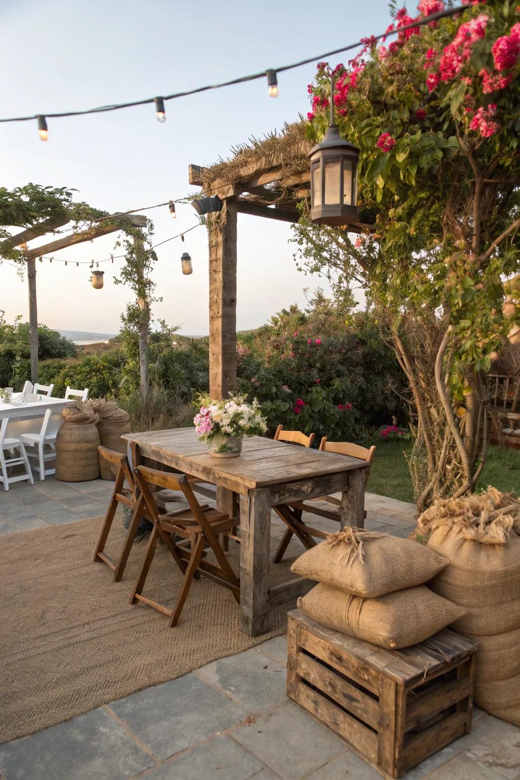 Rustic charm adds warmth and a touch of nostalgia to outdoor settings.