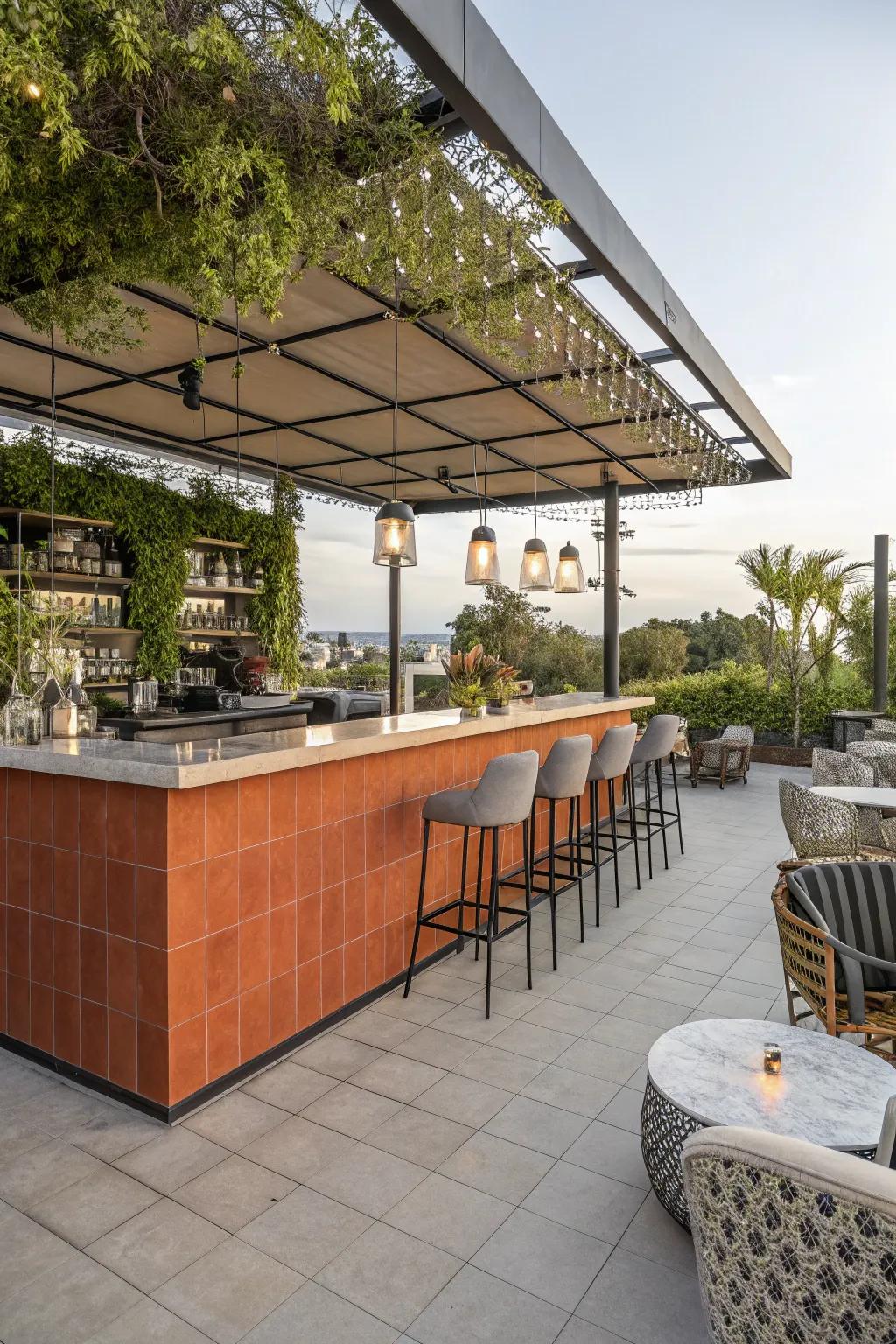 A modern terracotta tile bar top for a warm, stylish look