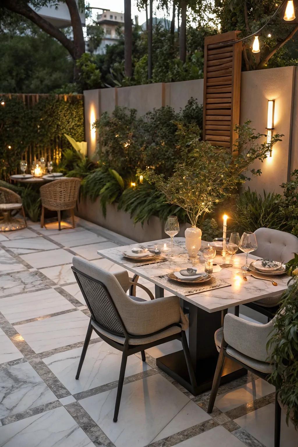 Marble-look tiles add a touch of luxury to outdoor dining areas.