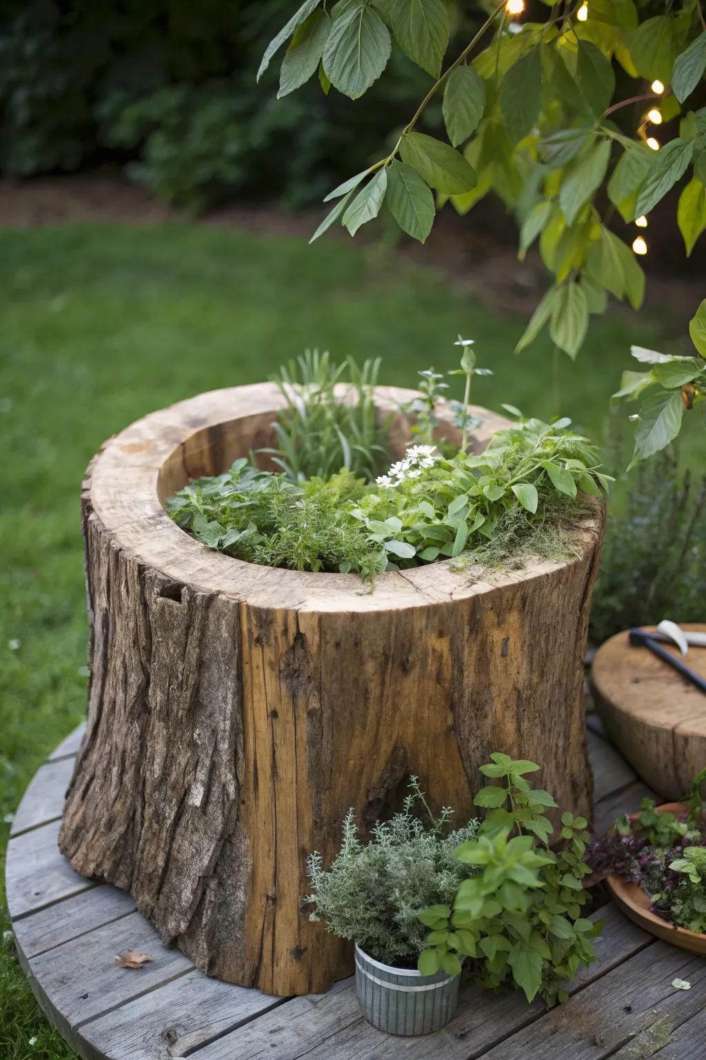 A unique tree stump table featuring a built-in herb garden.