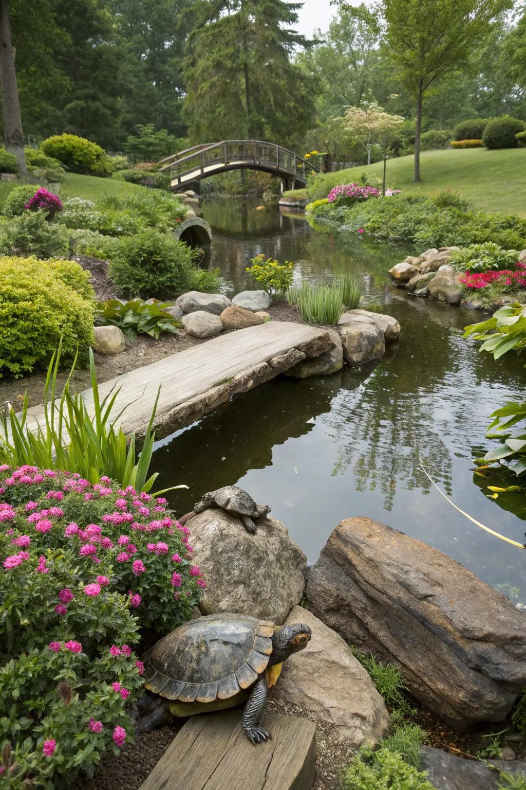 Seasonal plant arrangements bring color and variety to the turtle pond.
