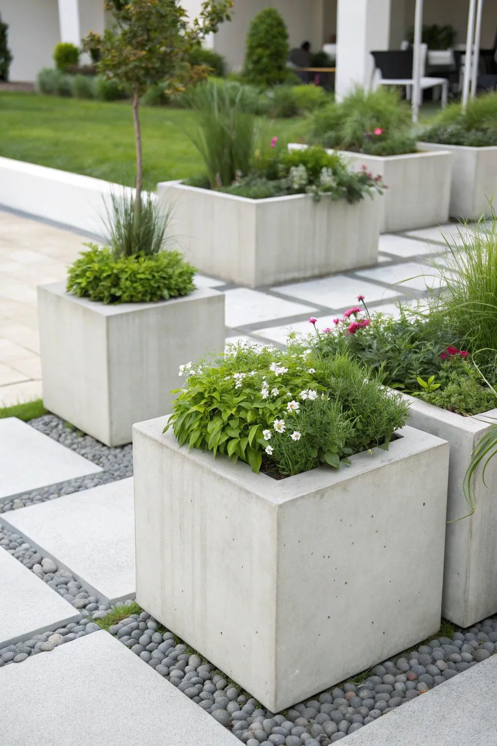 Minimalistic concrete cubes creating a sleek and modern plant display.