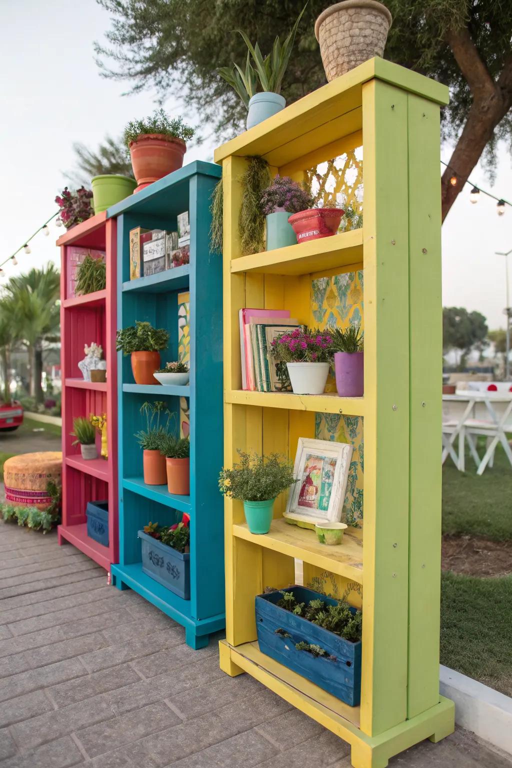 Painted shelves bring a playful pop of color outdoors.