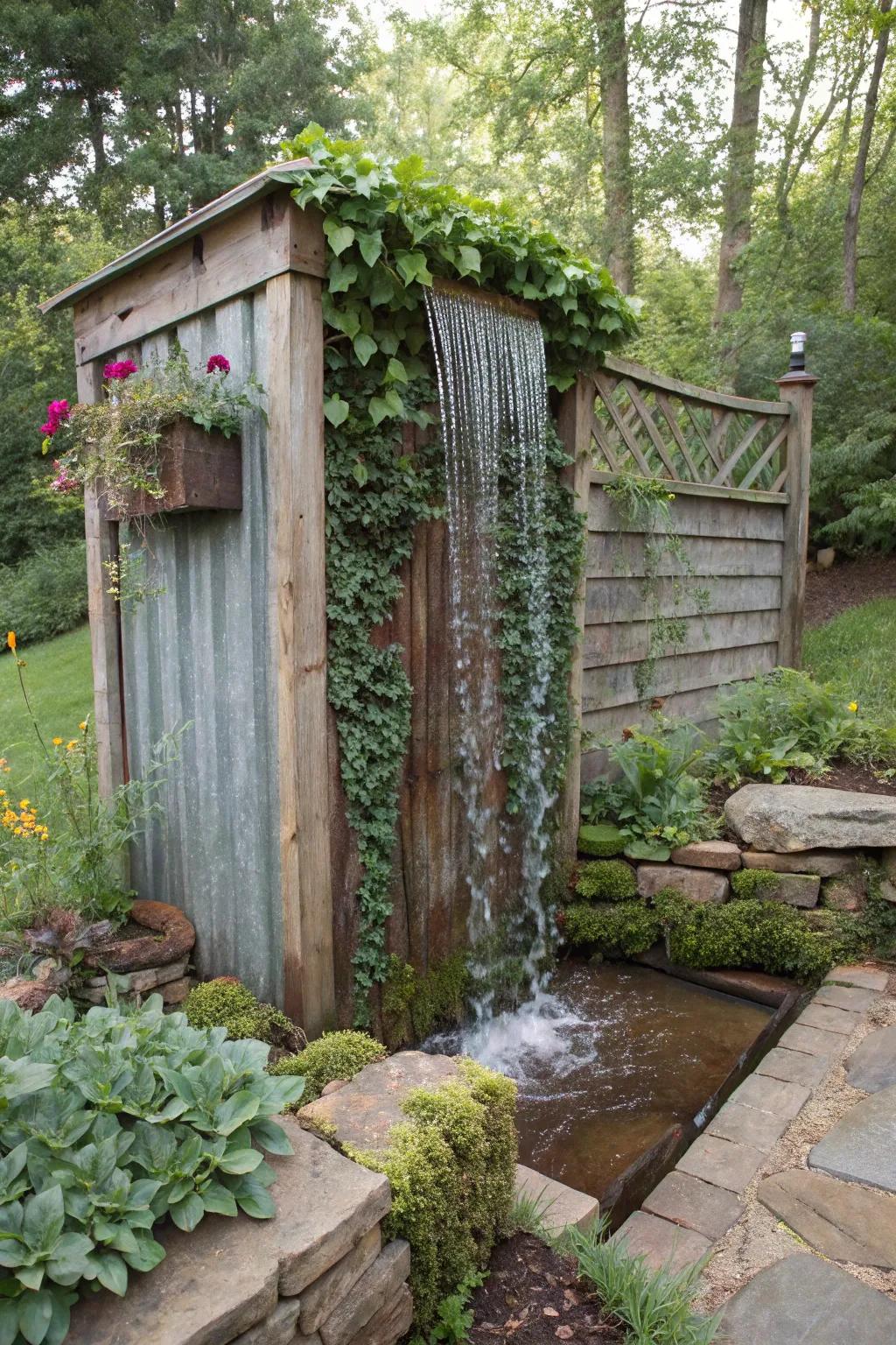 Rustic tin adds a sustainable and charming touch to your waterfall.