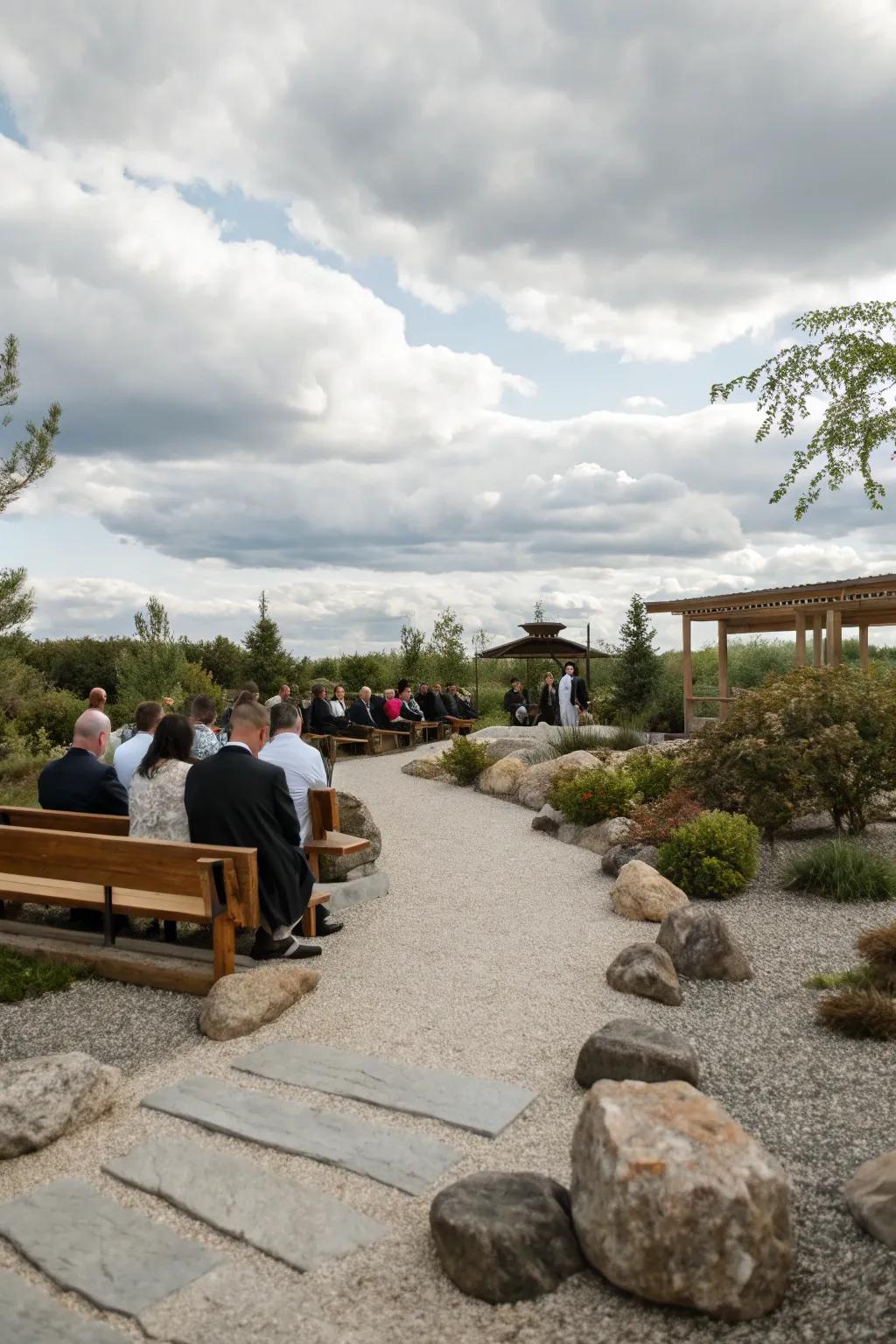 Zen garden seating for a peaceful and meditative ceremony.